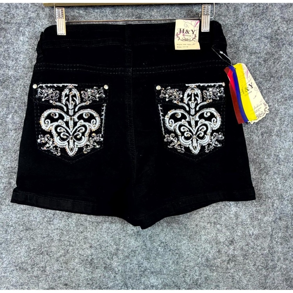H&Y Fashion Denim Shorts Womens 11 Black Y2K Embroidered‎ Pockets Fleur De Lis